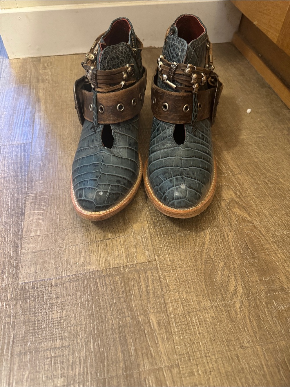 Freebird Leather Teal Croc-Textured Ankle Boots with Brown Strap Accents - Picture 3 of 8